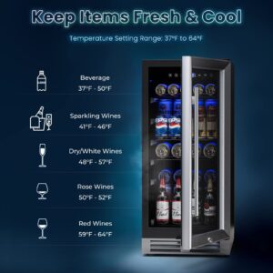 ORALNER 15“ Beverage Refrigerator Cooler Under Counter-100 Cans Mini Fridge Built-in/Freestanding Drink Fridge for Soda Beer, Lockable Glass Door Adjustable Shelves, Blue LED Light for Kitchen Bar