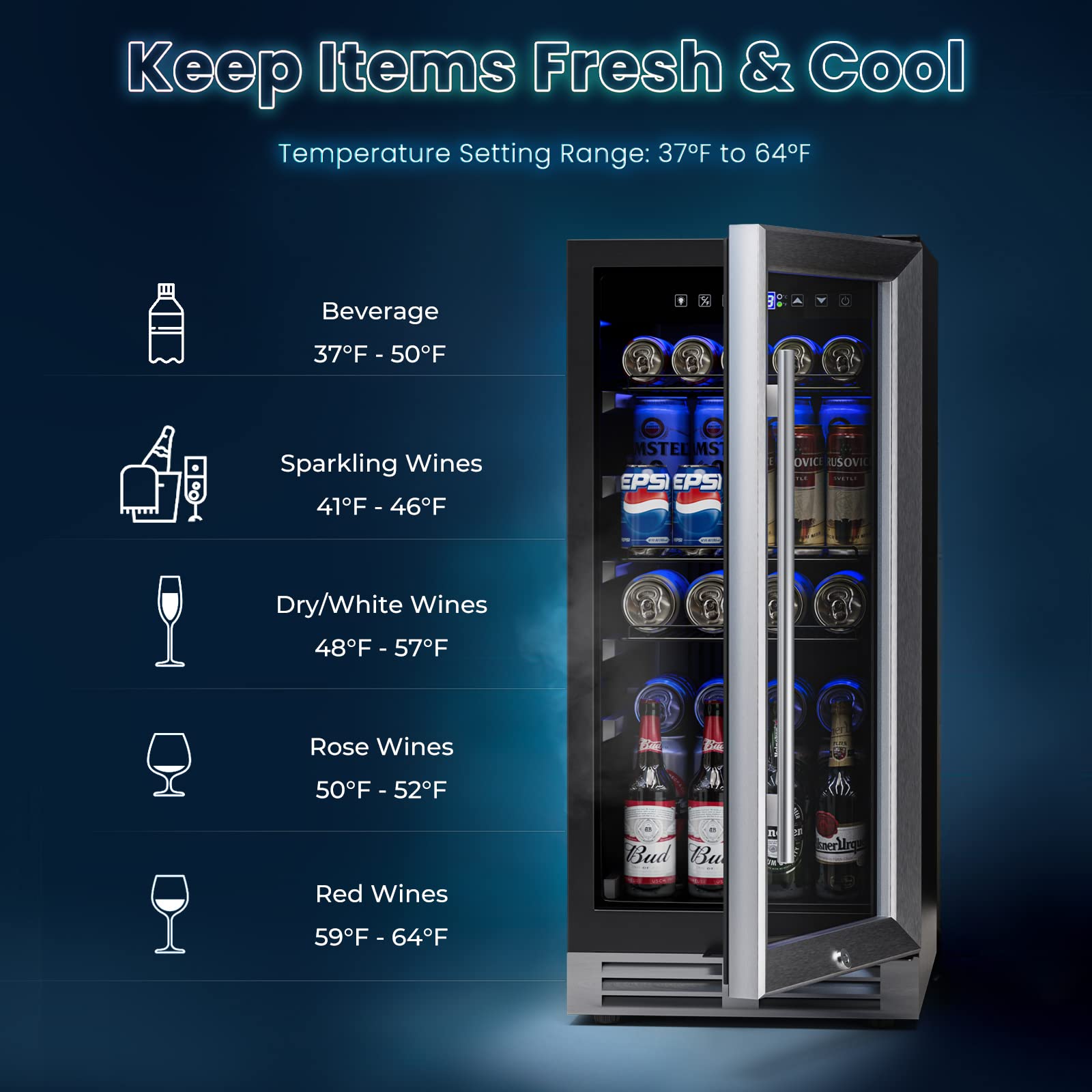 ORALNER 15“ Beverage Refrigerator Cooler Under Counter-100 Cans Mini Fridge Built-in/Freestanding Drink Fridge for Soda Beer, Lockable Glass Door Adjustable Shelves, Blue LED Light for Kitchen Bar