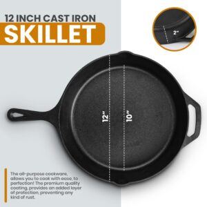 Utopia Kitchen Pre-Seasoned Cast Iron Skillet With Lid - 12 Inch Nonstick Frying Pan - Safe Indoor & Outdoor Grill Cookware