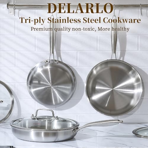 DELARLO Whole body Tri-Ply Stainless Steel 12inch Frying Pan, Oven safe induction skillet,pots and pans set,Suitable for All Stove (Detachable Handle)