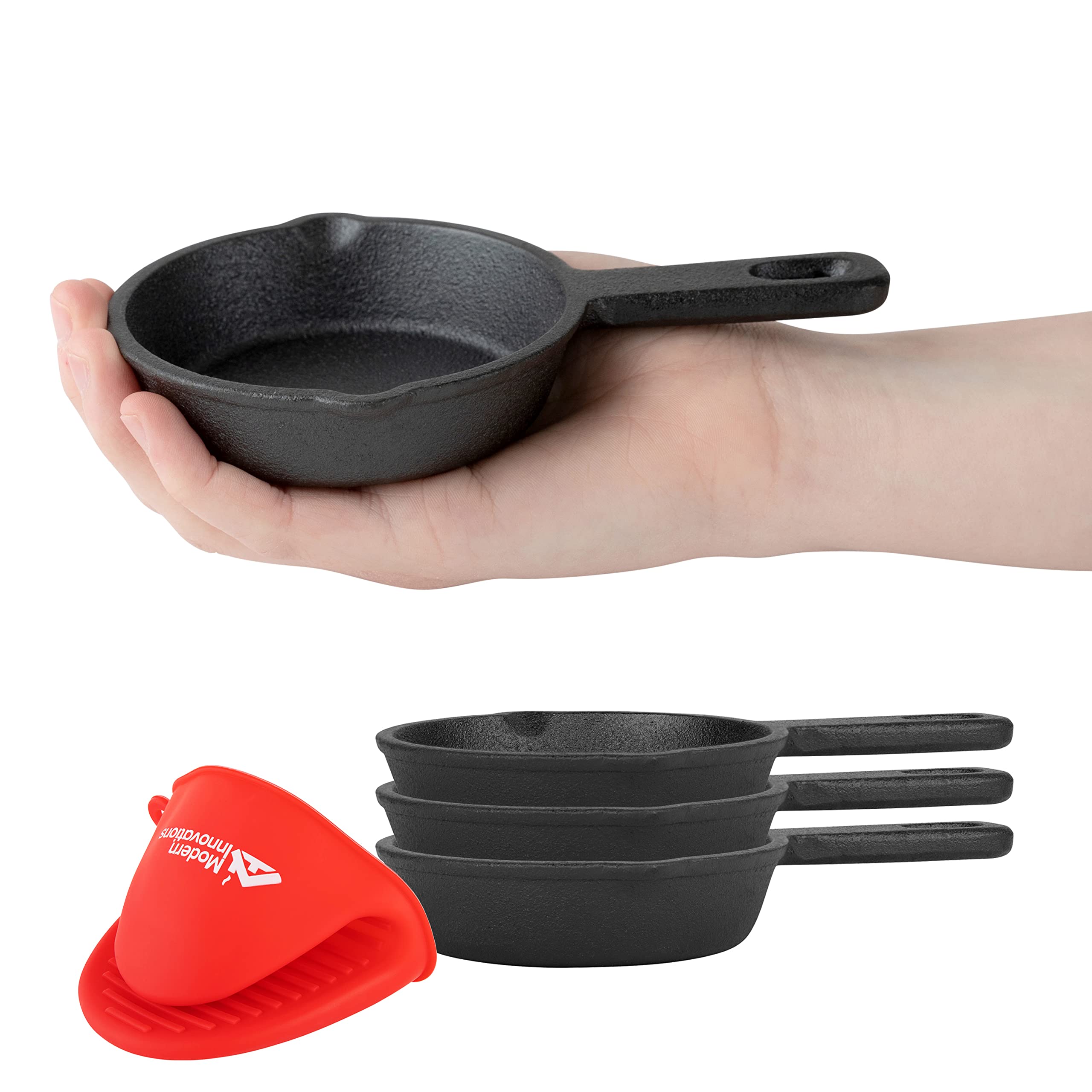 Modern Innovations Mini Black Cast Iron Skillet Set with Silicone Mitt (4 Count) - 3.5 Inch Pans, Pre Seasoned Small Skillets for Baked Cookie/Brownie or Cooked Eggs