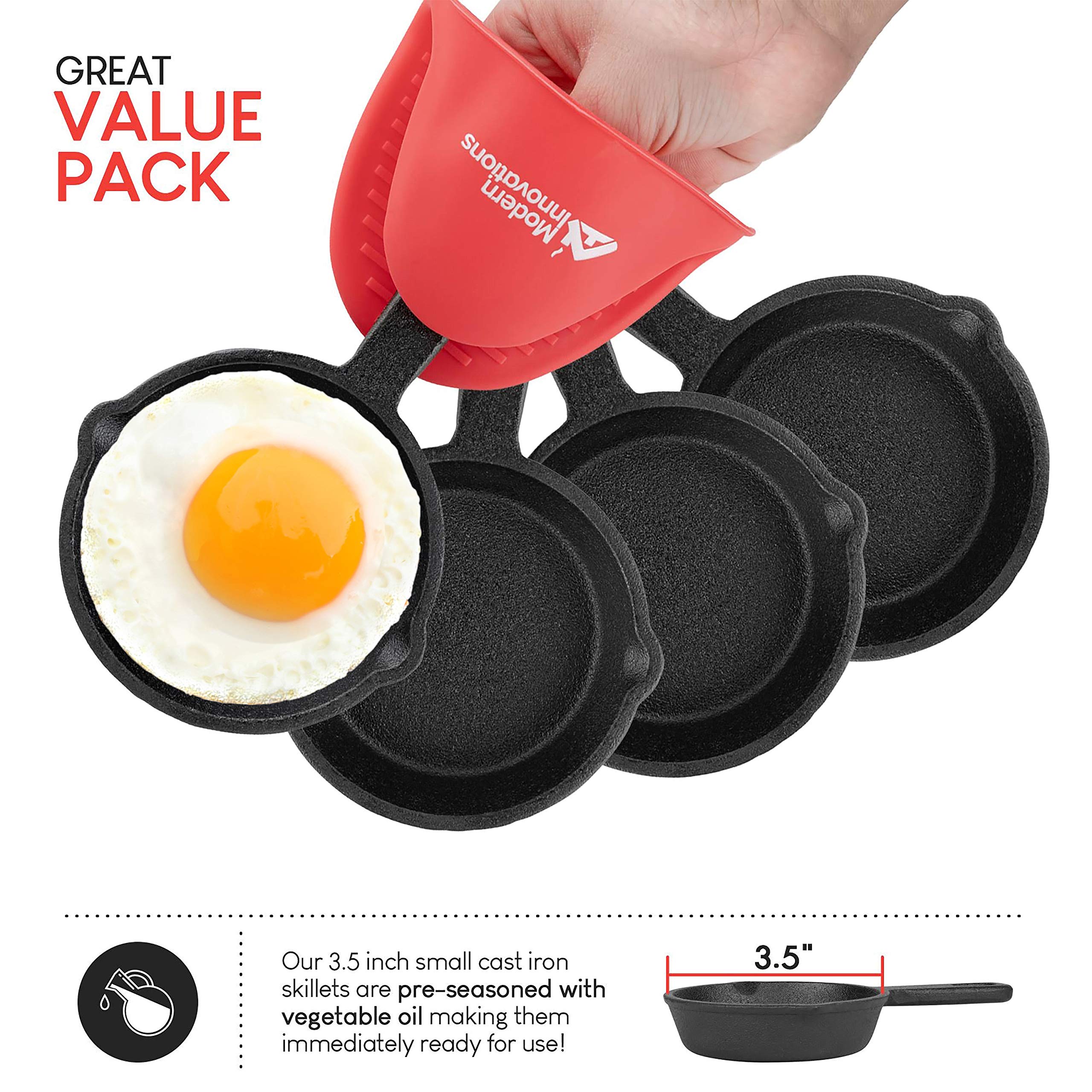 Modern Innovations Mini Black Cast Iron Skillet Set with Silicone Mitt (4 Count) - 3.5 Inch Pans, Pre Seasoned Small Skillets for Baked Cookie/Brownie or Cooked Eggs