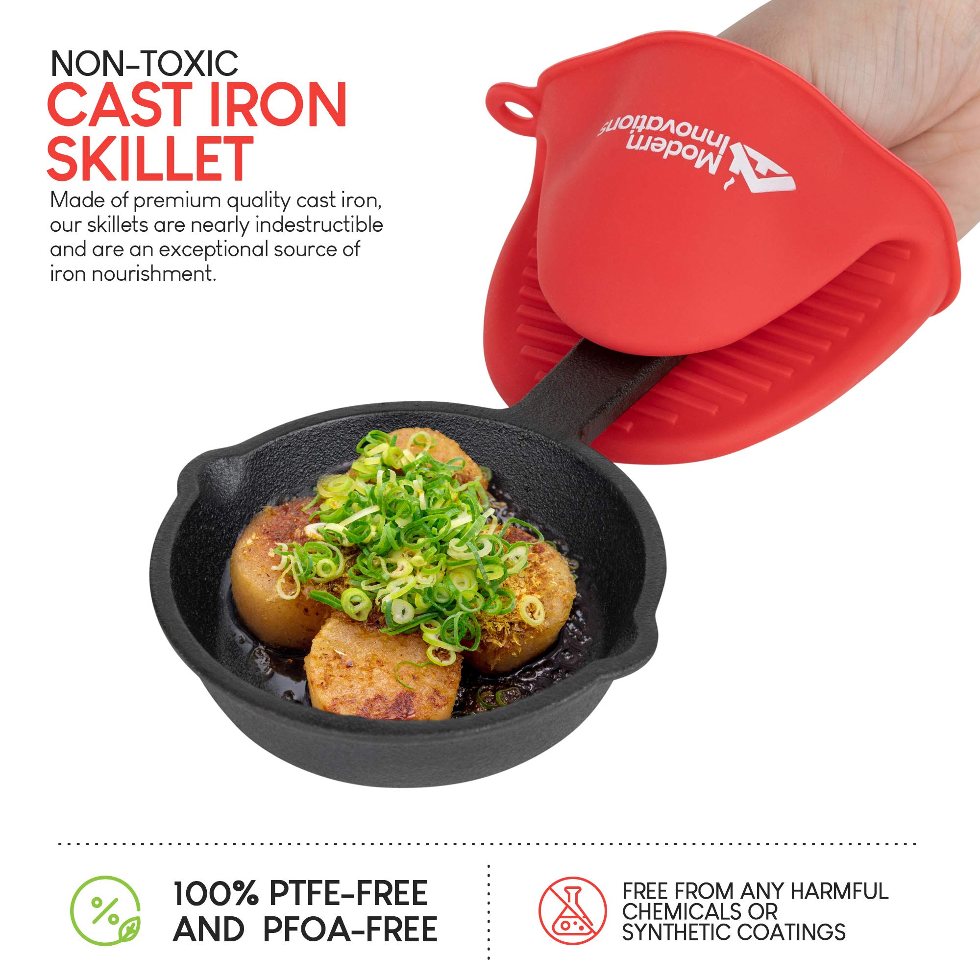 Modern Innovations Mini Black Cast Iron Skillet Set with Silicone Mitt (4 Count) - 3.5 Inch Pans, Pre Seasoned Small Skillets for Baked Cookie/Brownie or Cooked Eggs