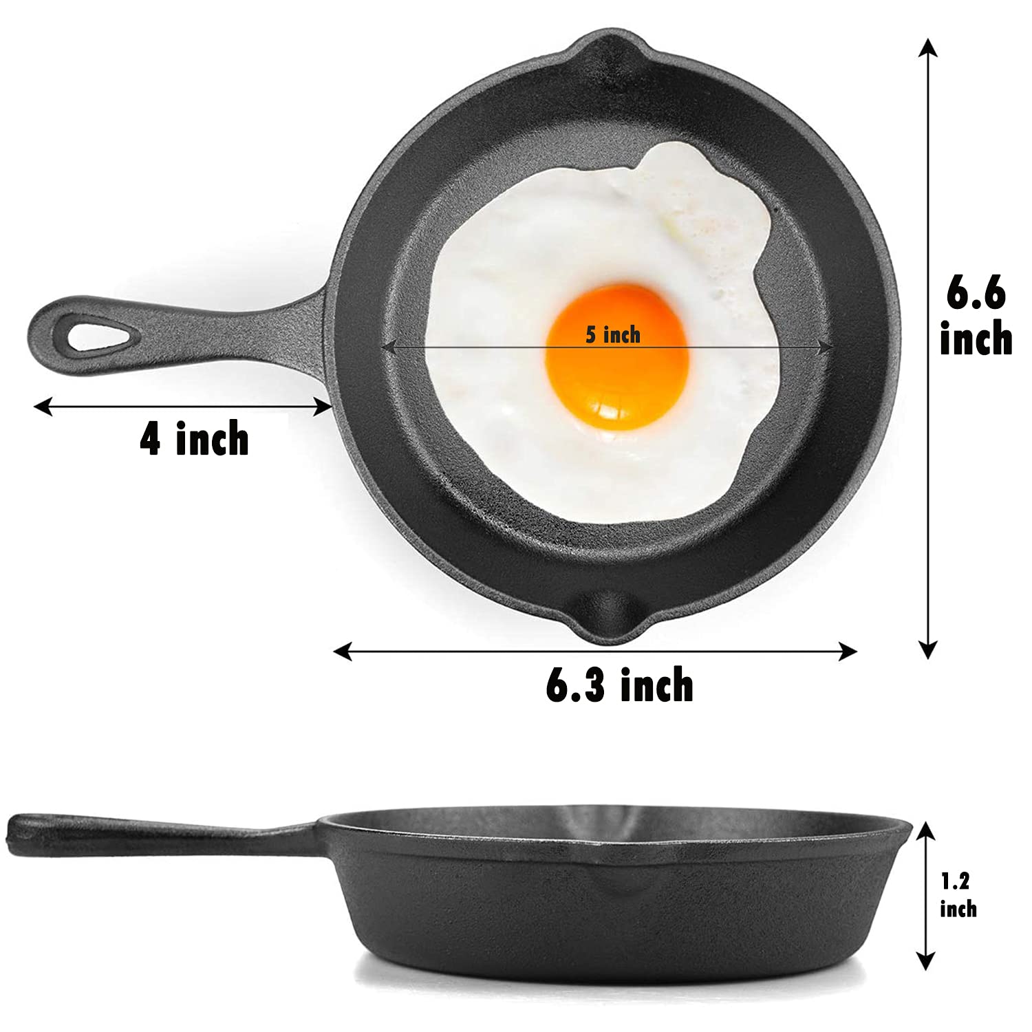 MOZUVE 6 Inch Cast Iron Skillet, Frying Pan with Drip-Spouts, Pre-seasoned Oven Safe Cookware, Camping Indoor and Outdoor Cooking, Grill Safe, Restaurant Chef Quality