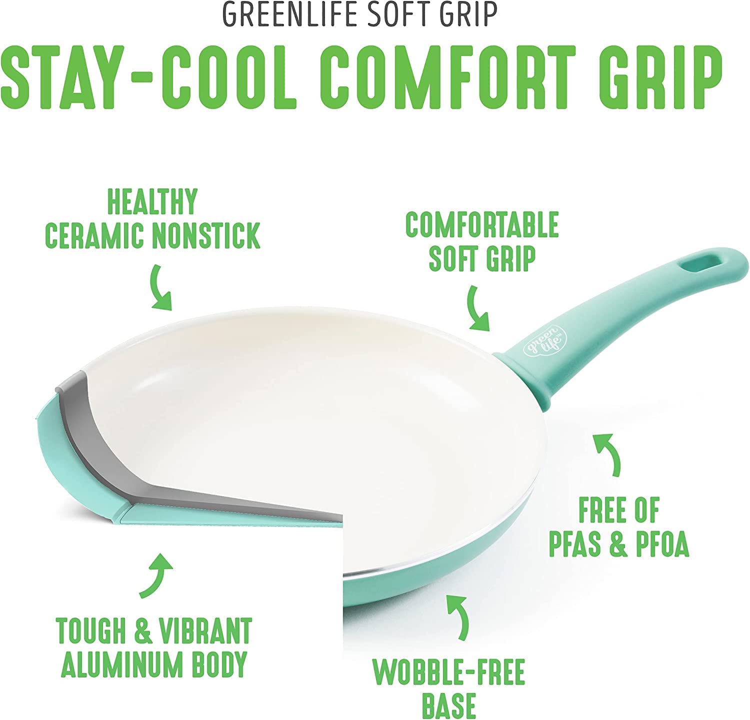 GreenLife Soft Grip Healthy Ceramic Nonstick 12" Frying Pan Skillet, PFAS-Free, Dishwasher Safe, Turquoise