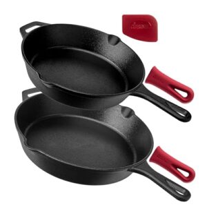 cuisinel cast iron skillets set - 10" + 12"-inch pre-seasoned frying pans + removable silicone handle holder grips + pan scraper - oven-safe cookware kit + accessories + handle helper