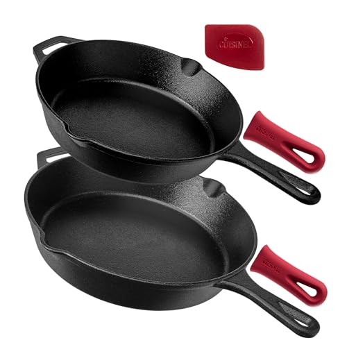 Cuisinel Cast Iron Skillets Set - 10" + 12"-Inch Pre-Seasoned Frying Pans + Removable Silicone Handle Holder Grips + Pan Scraper - Oven-Safe Cookware Kit + Accessories + Handle Helper