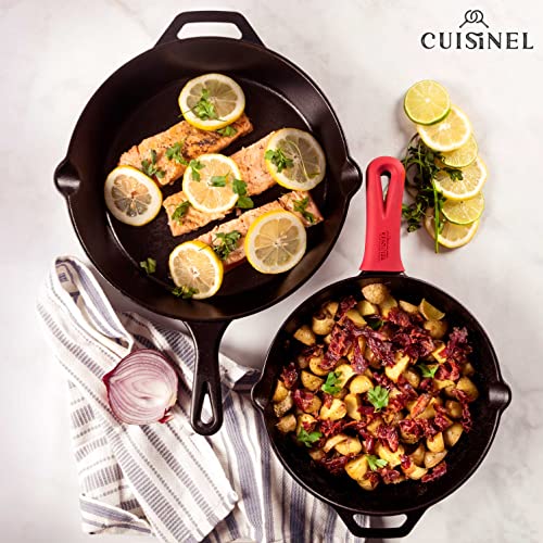 Cuisinel Cast Iron Skillets Set - 10" + 12"-Inch Pre-Seasoned Frying Pans + Removable Silicone Handle Holder Grips + Pan Scraper - Oven-Safe Cookware Kit + Accessories + Handle Helper