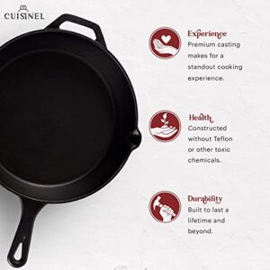 Cuisinel Cast Iron Skillets Set - 10" + 12"-Inch Pre-Seasoned Frying Pans + Removable Silicone Handle Holder Grips + Pan Scraper - Oven-Safe Cookware Kit + Accessories + Handle Helper