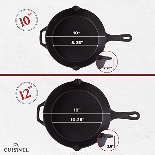 Cuisinel Cast Iron Skillets Set - 10" + 12"-Inch Pre-Seasoned Frying Pans + Removable Silicone Handle Holder Grips + Pan Scraper - Oven-Safe Cookware Kit + Accessories + Handle Helper