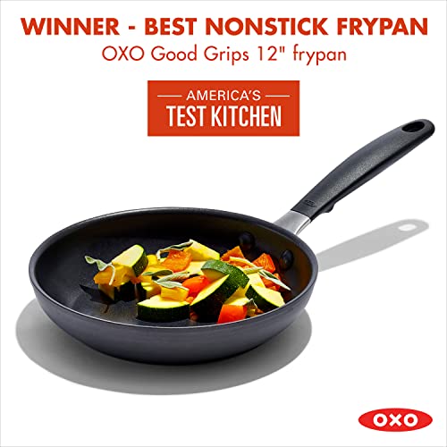 OXO Good Grips 8" Frying Pan Skillet, 3-Layered German Engineered Nonstick Coating, Stainless Steel Handle with Nonslip Silicone, Black