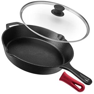 cuisinel cast iron skillet with lid - 12"-inch frying pan + glass cover + silicone handle holder - pre-seasoned oven safe cookware - indoor/outdoor use - grill, bbq, fire, stovetop, induction