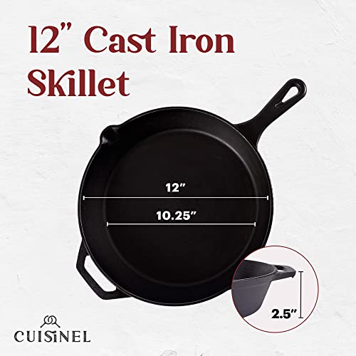 Cuisinel Cast Iron Skillet with Lid - 12"-Inch Frying Pan + Glass Cover + Silicone Handle Holder - Pre-Seasoned Oven Safe Cookware - Indoor/Outdoor Use - Grill, BBQ, Fire, Stovetop, Induction