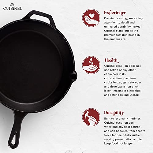 Cuisinel Cast Iron Skillet with Lid - 12"-Inch Frying Pan + Glass Cover + Silicone Handle Holder - Pre-Seasoned Oven Safe Cookware - Indoor/Outdoor Use - Grill, BBQ, Fire, Stovetop, Induction