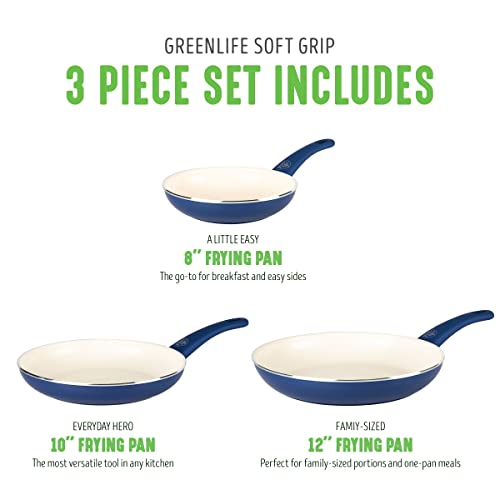 GreenLife Soft Grip Healthy Ceramic Nonstick, 8" 10" and 12" Frying Pan Skillet Set, PFAS-Free, Dishwasher Safe, Blue