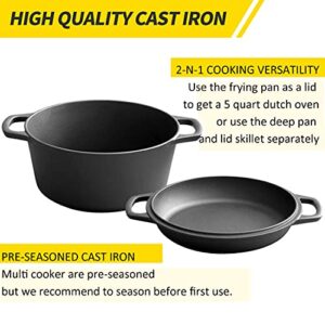 EDGING CASTING 2-in-1 Pre-Seasoned Cast Iron Dutch Oven Pot with Skillet Lid Cooking Pan, Cast Iron Skillet Cookware Pan Set with Dual Handles Indoor Outdoor for Bread, Frying, Baking, Camping, BBQ, 5QT