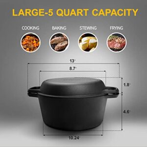 EDGING CASTING 2-in-1 Pre-Seasoned Cast Iron Dutch Oven Pot with Skillet Lid Cooking Pan, Cast Iron Skillet Cookware Pan Set with Dual Handles Indoor Outdoor for Bread, Frying, Baking, Camping, BBQ, 5QT