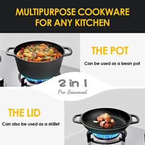 EDGING CASTING 2-in-1 Pre-Seasoned Cast Iron Dutch Oven Pot with Skillet Lid Cooking Pan, Cast Iron Skillet Cookware Pan Set with Dual Handles Indoor Outdoor for Bread, Frying, Baking, Camping, BBQ, 5QT