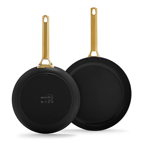 GreenPan Reserve Hard Anodized Healthy Ceramic Nonstick 8" and 10" Frying Pan Skillet Set, Gold Handle, PFAS-Free, Dishwasher Safe, Oven Safe, Black