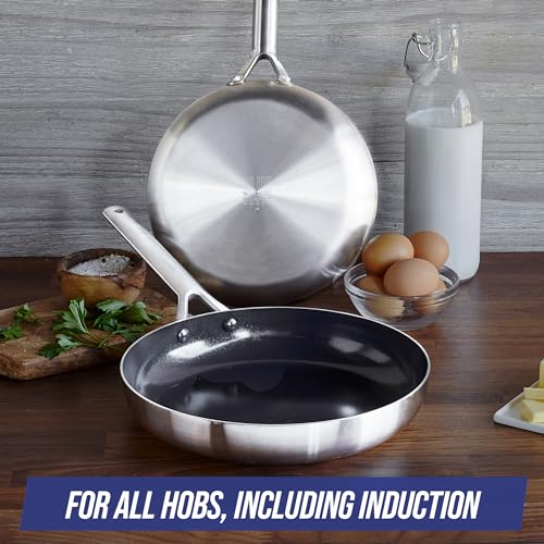 Blue Diamond Cookware Tri-Ply Stainless Steel Ceramic Nonstick, 9.5" and 11" Frying Pan Skillet Set, PFAS-Free, Multi Clad, Induction, Dishwasher Safe, Oven Safe, Silver