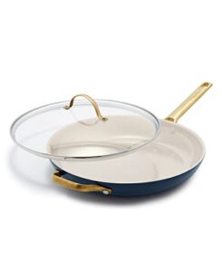 greenpan reserve hard anodized healthy ceramic nonstick 12" frying pan skillet with helper handle and lid, gold handle, pfas-free, dishwasher safe, oven safe, twilight blue