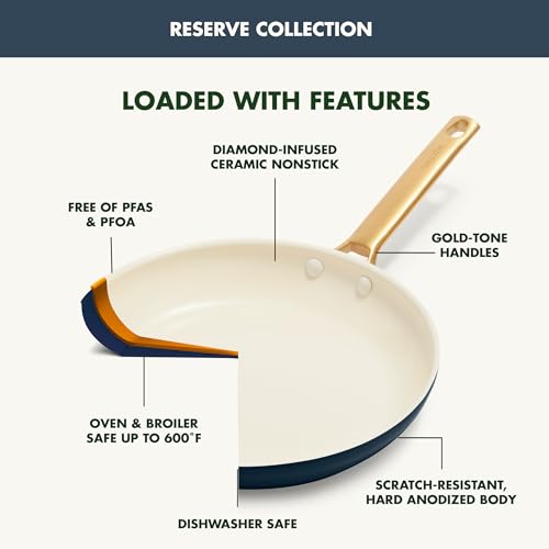 GreenPan Reserve Hard Anodized Healthy Ceramic Nonstick 12" Frying Pan Skillet with Helper Handle and Lid, Gold Handle, PFAS-Free, Dishwasher Safe, Oven Safe, Twilight Blue