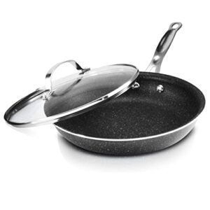 granitestone nonstick fry pan with lid, 12-inch skillet with glass cover, dishwasher safe, warp free and stay cool handles, black