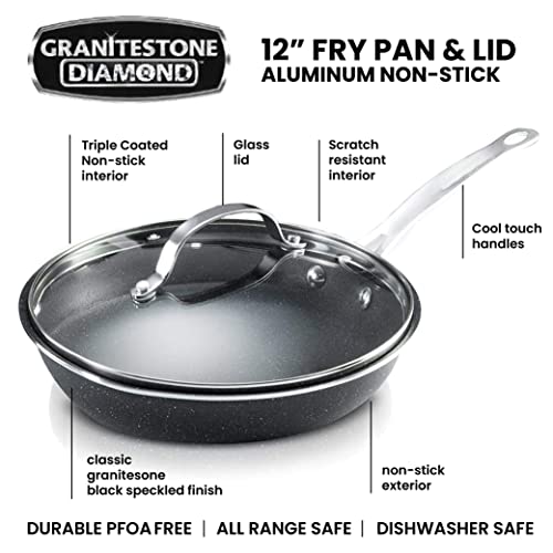 Granitestone Nonstick Fry Pan with Lid, 12-inch Skillet with Glass Cover, Dishwasher Safe, Warp Free and Stay Cool Handles, Black