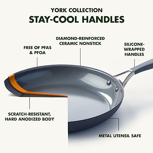 GreenPan York Hard Anodized Healthy Ceramic Nonstick 10" Frying Pan Skillet with Glass Lid, Durable Forged Base, Scratch Resistant, Ergonomically Designed Silicone-Wrapped Handles, PFAS-Free, Gray