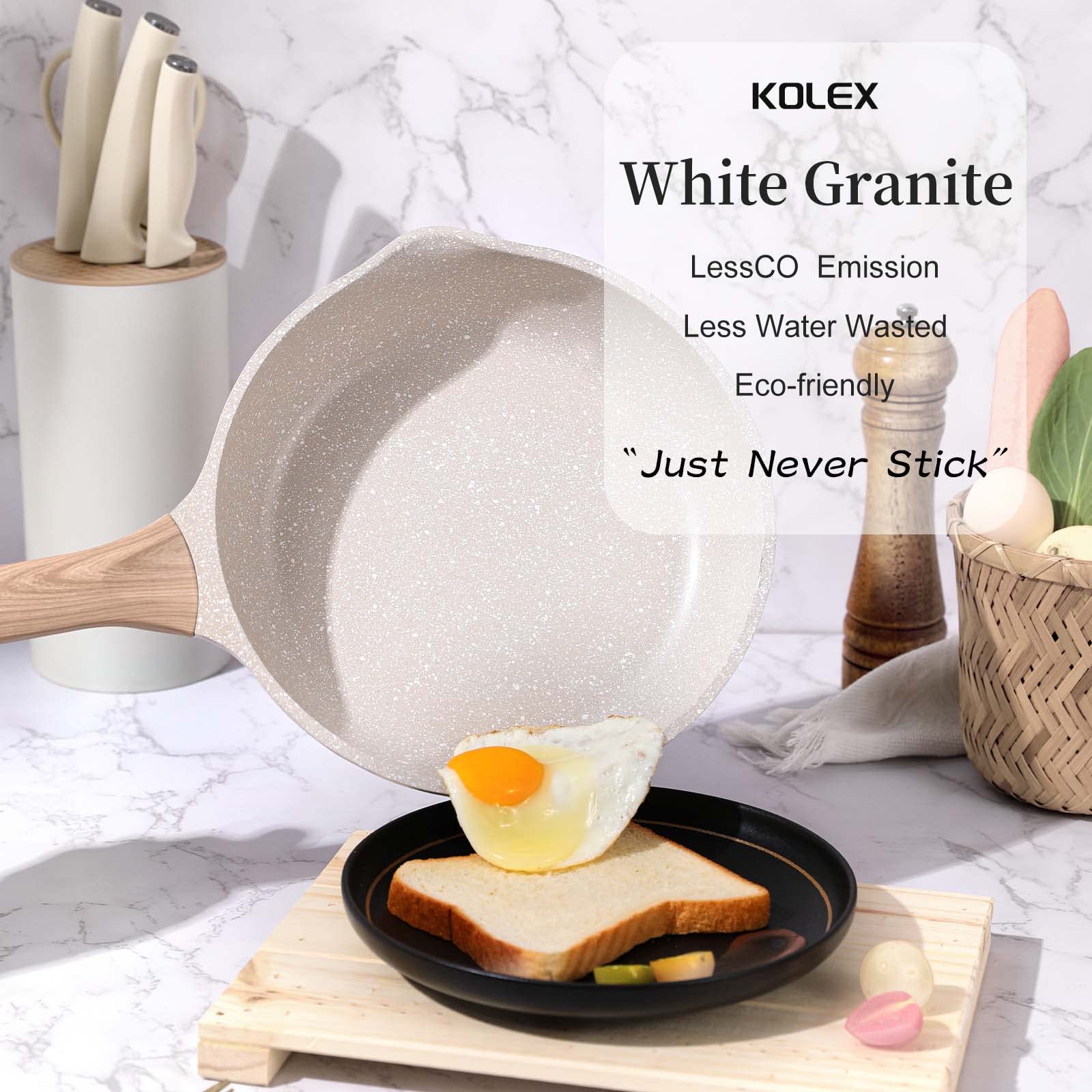 KOLEX Nonstick Frying Pan Skillet, 9.5-Inch Non Stick Granite Egg Pan Omelet Pans, Healthy Stone Cookware Chef's Pan, PFOA Free, Induction Compatible (White Granite, 9.5-Inch)