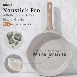 KOLEX Nonstick Frying Pan Skillet, 9.5-Inch Non Stick Granite Egg Pan Omelet Pans, Healthy Stone Cookware Chef's Pan, PFOA Free, Induction Compatible (White Granite, 9.5-Inch)