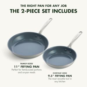GreenPan Treviso Stainless Steel Healthy Ceramic Nonstick, 9.5" and 11" Frying Pan Skillet Set, PFAS-Free,Clad, Induction, Dishwasher Safe, Silver