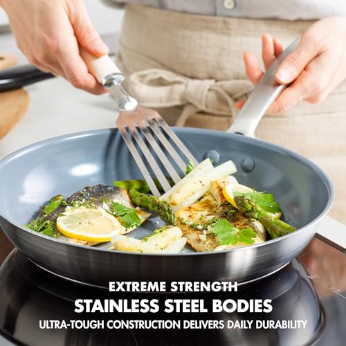 GreenPan Treviso Stainless Steel Healthy Ceramic Nonstick, 9.5" and 11" Frying Pan Skillet Set, PFAS-Free,Clad, Induction, Dishwasher Safe, Silver