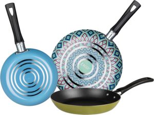 ekco 3-piece frying pan set (7.1, 7.9 & 9.4 in) for all stovetops, dishwasher safe - lightweight aluminum skillets, non-stick & riveted bakelite handle (photopaint blue & green) pfoa & ptfe free