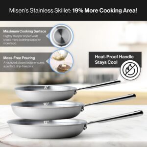 Misen 5-Ply Professional Stainless Steel Pan - Superior Heat Retention & Larger Cooking Surface for Searing & Sautéing - Cool Ergonomic Handle -12 Inch