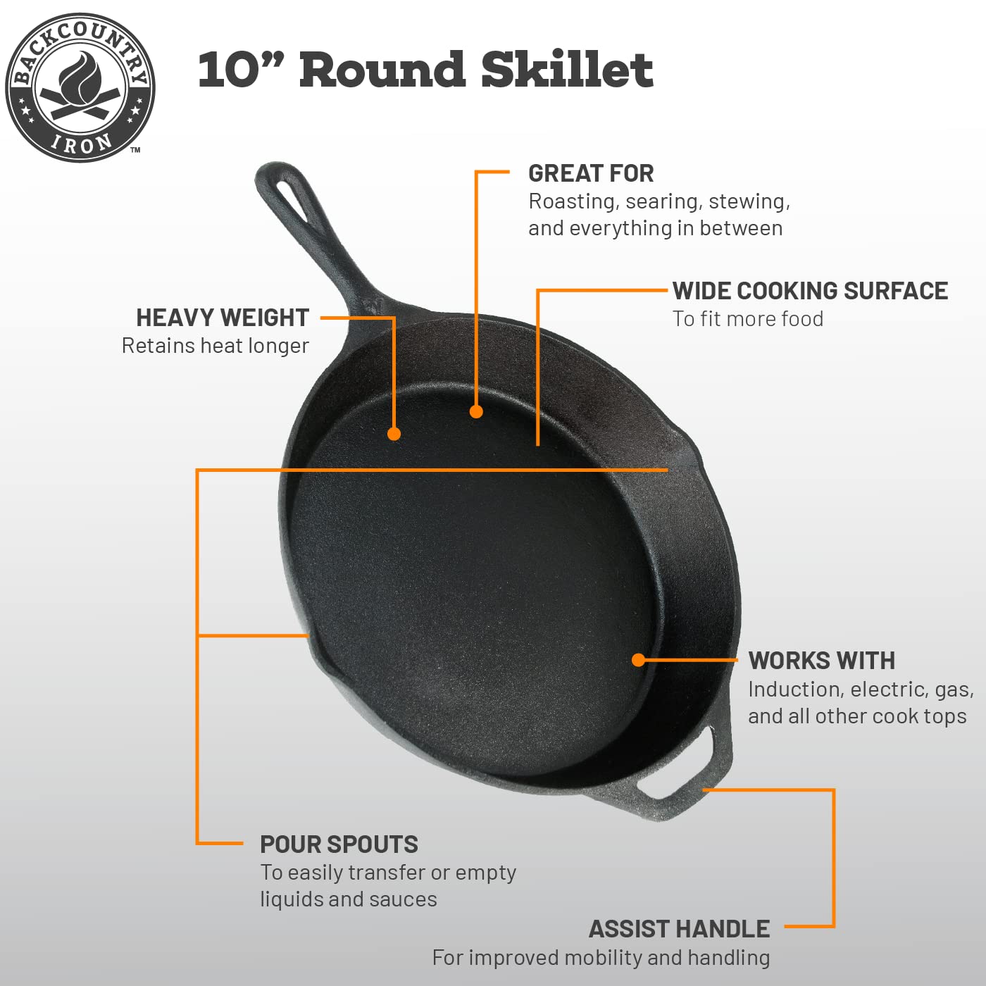 Backcountry Iron 12 Inch Round Large Pre-Seasoned Cast Iron Skillet