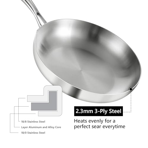 LOLYKITCH 10 Inch Tri-Ply Stainless Steel Frying Pan,Skillet,Chef's Pan,Induction Pan,Dishwasher and Oven Safe.