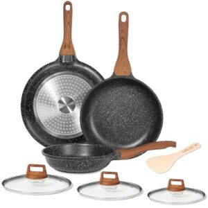 eslite life frying pan set with lids nonstick skillet set egg omelette pans, granite coating cookware compatible with all stovetops (gas, electric & induction), pfoa free, 7-piece
