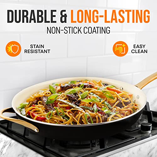NutriChef 14" Extra Large Fry Pan - Professional Home Cookware Skillet Nonstick Frying Pan with Golden Titanium Coated Silicone Handle, Ceramic Coating, Stain-Resistant, And Easy To Clean