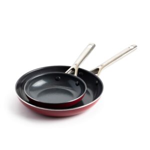 red volcano textured ceramic nonstick, 7" & 10" frying pan skillet set with stainless steel handles, pfas pfoa & ptfe free, dishwasher safe, oven & broiler safe to 600 degrees, red