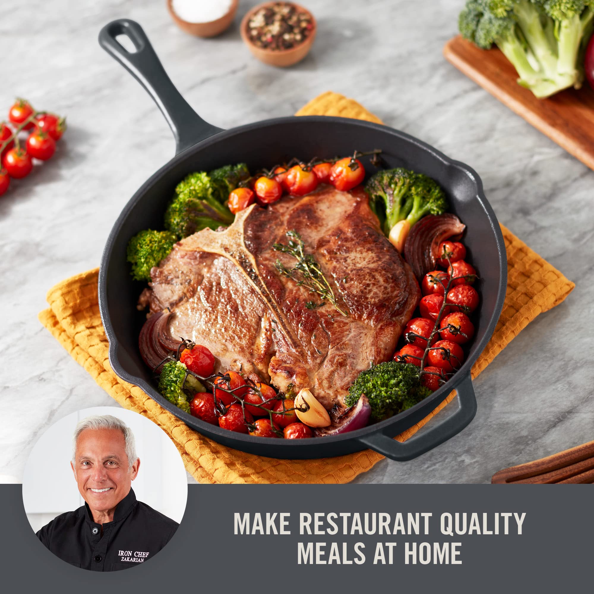 DASH Zakarian 11" Nonstick Cast Iron Skillet with Pour Spouts for Searing, Baking, Grilling, Roasting and More - Black