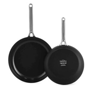 greenpan omega hard anodized advanced healthy ceramic nonstick, 9.5”&11”frying pan skillet set,anti-warp induction base,diamond reinforced durable coating,stay-flat oil surface,oven&broiler safe,black