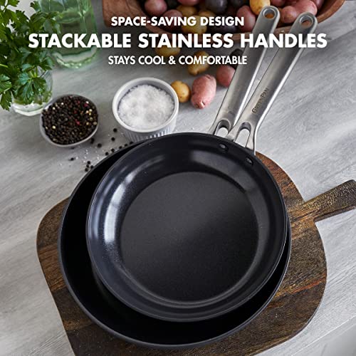 GreenPan Omega Hard Anodized Advanced Healthy Ceramic Nonstick, 9.5”&11”Frying Pan Skillet Set,Anti-Warp Induction Base,Diamond Reinforced Durable Coating,Stay-Flat Oil Surface,Oven&Broiler Safe,Black