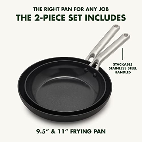 GreenPan Omega Hard Anodized Advanced Healthy Ceramic Nonstick, 9.5”&11”Frying Pan Skillet Set,Anti-Warp Induction Base,Diamond Reinforced Durable Coating,Stay-Flat Oil Surface,Oven&Broiler Safe,Black