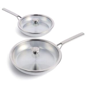 merten & storck tri-ply stainless steel 10" & 12" frying pan skillet set with glass lids, professional cooking, multi clad, drip-free pouring edges, browning, induction, durable,oven & dishwasher safe