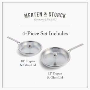 Merten & Storck Tri-Ply Stainless Steel 10" & 12" Frying Pan Skillet Set with Glass Lids, Professional Cooking, Multi Clad, Drip-Free Pouring Edges, Browning, Induction, Durable,Oven & Dishwasher Safe