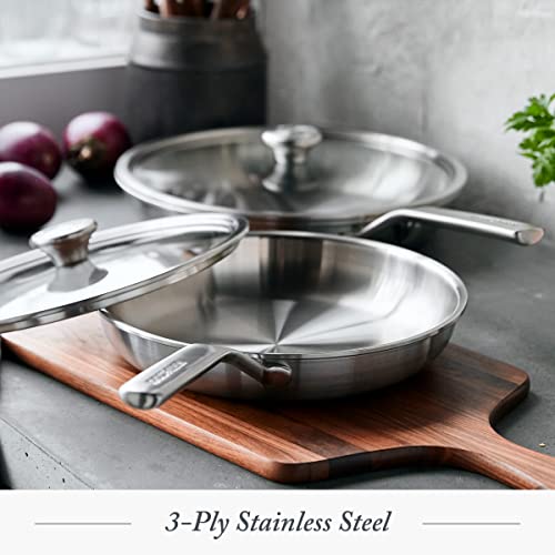 Merten & Storck Tri-Ply Stainless Steel 10" & 12" Frying Pan Skillet Set with Glass Lids, Professional Cooking, Multi Clad, Drip-Free Pouring Edges, Browning, Induction, Durable,Oven & Dishwasher Safe