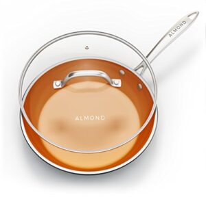 almond 12 inch non-stick frying pan with lid - copper ceramic fry pans with tempered glass lid & stainless steel handle, round aluminum saute pan, dishwasher and oven safe - 12 inches