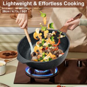 WACETOG Frying Pan with Lid Nonstick Skillet 11 Inch Wok Pan with Flat Bottom Woks & Stir-fry Pans for Electric, Induction and Gas Stoves