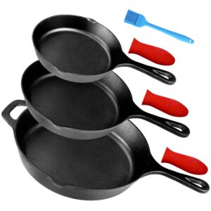 pre-seasoned cast iron skillet set of 3 | 6", 8" & 10" cast iron frying pans with 3 heat-resistant holders & oil brush - indoor and outdoor use - oven grill stovetop induction safe cookware
